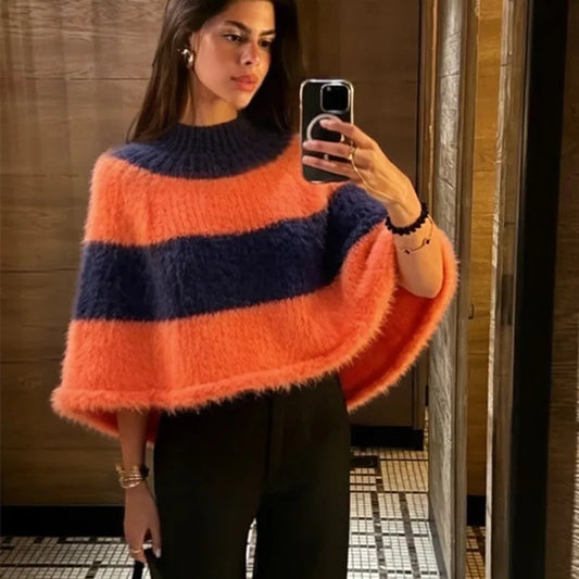 Colour Block Striped Knit Poncho Top