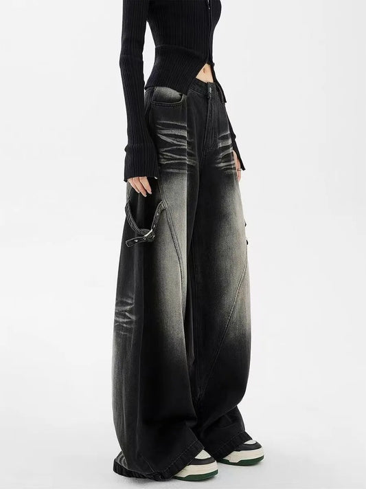Washed Wide Leg Denim Trousers