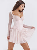 Pink Long Sleeve Bustier Frill Mini Dress