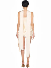 Apricot Square Collar Sleeveless Puff Mini Dress With Scarf