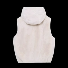 White faux fur vest with a zipper closure and hood.