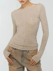 Off Shoulder Long Sleeve Sheer Button Applique Top
