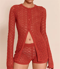 Crochet Long Sleeve Tee with Shorts Set