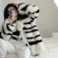 Zebra Striped Faux Fur Coat - Free From Label