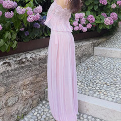 Lace Embroidered Square Neck Sheer Crop Top And Wide Pants Set