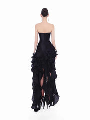 Strapless Diamonds Patchwork Ruffles Long Dress