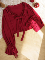 Ruffles V Neck Crop Bow Knitted Cardigan