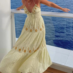 Embroidery Smocked V-Neck Halter Long Dress