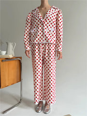 Red Heart Print Shirt And Pants Pajama Set