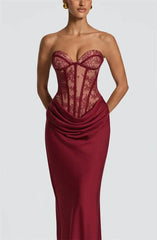 Strapless Lace Corset Satin Drape Maxi Dress