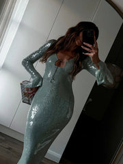 Long Sleeve Sequin Hollow Out Maxi Dress