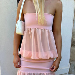 Two Tone Sheer Puff Hem Tube Top