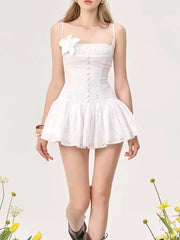 White Spaghetti Strap Eyelet 3d Flower Mini Dress