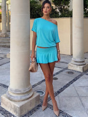 Blue Short Sleeve Off-shoulder Open Back T-Shirts And Mini Skirt Set