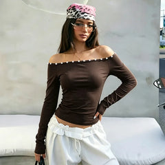 Long Sleeve Button Trim Off-shoulder Top