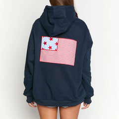 Navy blue hoodie with an American flag design on the back 