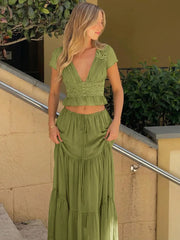 Short Sleeve Mesh Patchwork Crop Top And Maxi Skirt Matching Set
