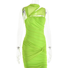 Green Mesh Ruched Neck Cut Out Design Bodycon Mini Dress - Free From Label