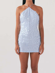 Blue Sequin Halter Mini Dress