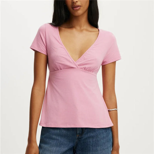 Solid V-Neck Short Sleeve Back Tie Up Top