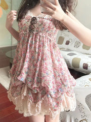 Pink Printed Bud Hem Smocked Strappy Mini Dress