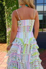 Floral Patchwork Pom Pom Trim Tiered Maxi Dress