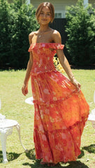 Flowers Print Off Shoulder Long Dress