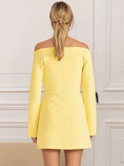 Yellow V Neck Off-shoulder Long Sleeve Mini Dress