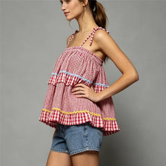 Red Checkered Spaghetti Strap Bow Tie Blouse