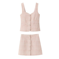 Tweed Pearl Button Sleeveless Tank Top And Mini Skirt Set