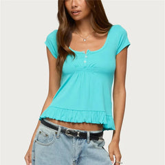 Short Sleeve Buttoned Ruched Bust T-Shirt