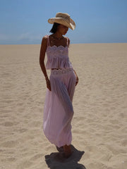 Lace Embroidered Square Neck Sheer Crop Top And Wide Pants Set