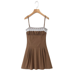 Brown Lace Trim Mini Dress