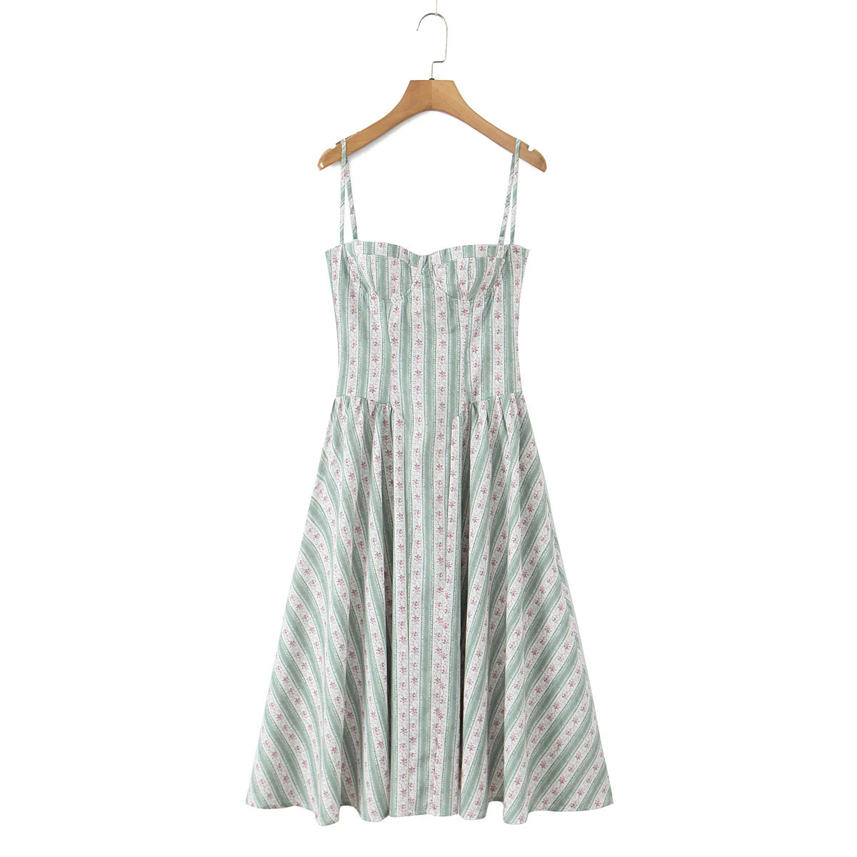 Women's green striped floral print corset style midi dress with slash neck.

