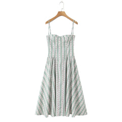 Women's green striped floral print corset style midi dress with slash neck.

