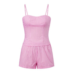 Striped Spaghetti Strap Lace Up Top And Elastic Waist Shorts Lounge Set