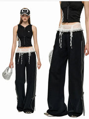 Black Bow Ribbon Lace High Waist Joggers