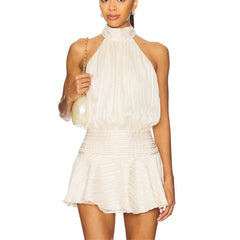 Satin Tie Neck Elastic Smocked Waist Open Back Mini Dress