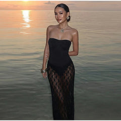Black Lace Sheer Patchwork Tube Bodysuit Maxi Dress