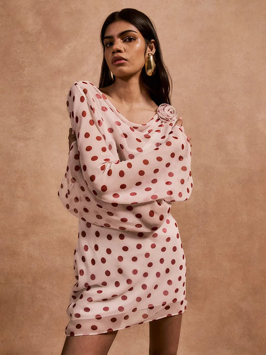 White Polka Dot Long Sleeve Sheer Mini Dress