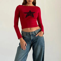 Boat Neck Long Sleeve Floral/Star Print Top