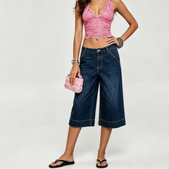 Dark Wash Denim Wide Leg Capri Pants