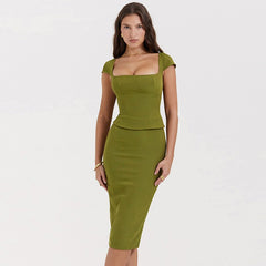 Green Square Neck Top And Bodycon Midi Skirt Two Piece Set - Free From Label