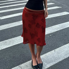 Red Floral Print Low Waist Double Layer Mesh Midi Skirt