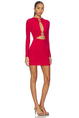 Red Metal Buckle Hollow Out Long Sleeved Mini Dress
