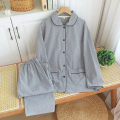 Doll Collar Cotton Plaid Long-sleeved Shirt And Pants Two-piece Nighwear Set