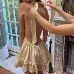 White Satin V-Neck Buttoned Mini Dress