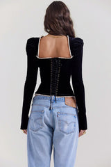 Black Long Sleeve Square Neck Corset Tie Up Top - Free From Label