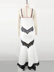 White Lace Patchwork Mermaid Hem Midi Dress