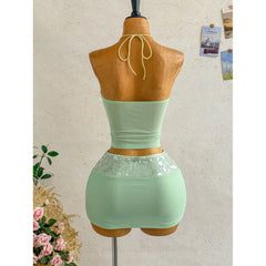 Green Sequin Patch Halter Top And Skort Set